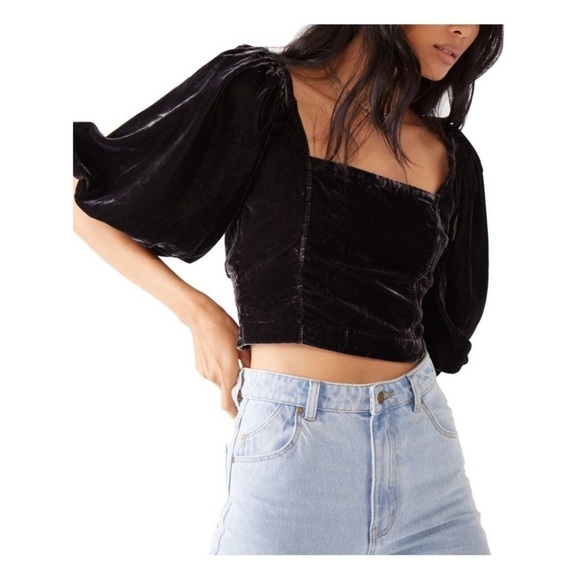 Free People Marie Velvet Open Back Crop Top Black - Picture 3 of 15